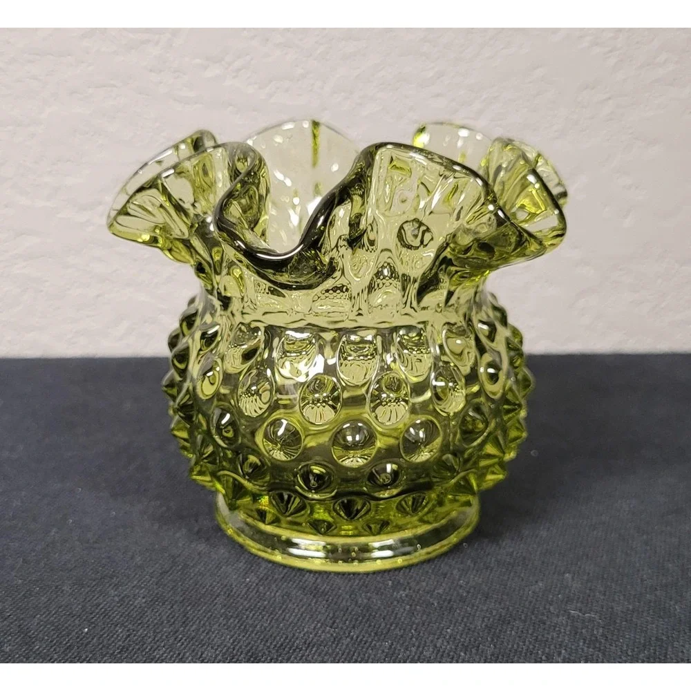 Fenton Art Glass Hobnail Rose Bowl Vase Colonial Green Vintage 1960s
